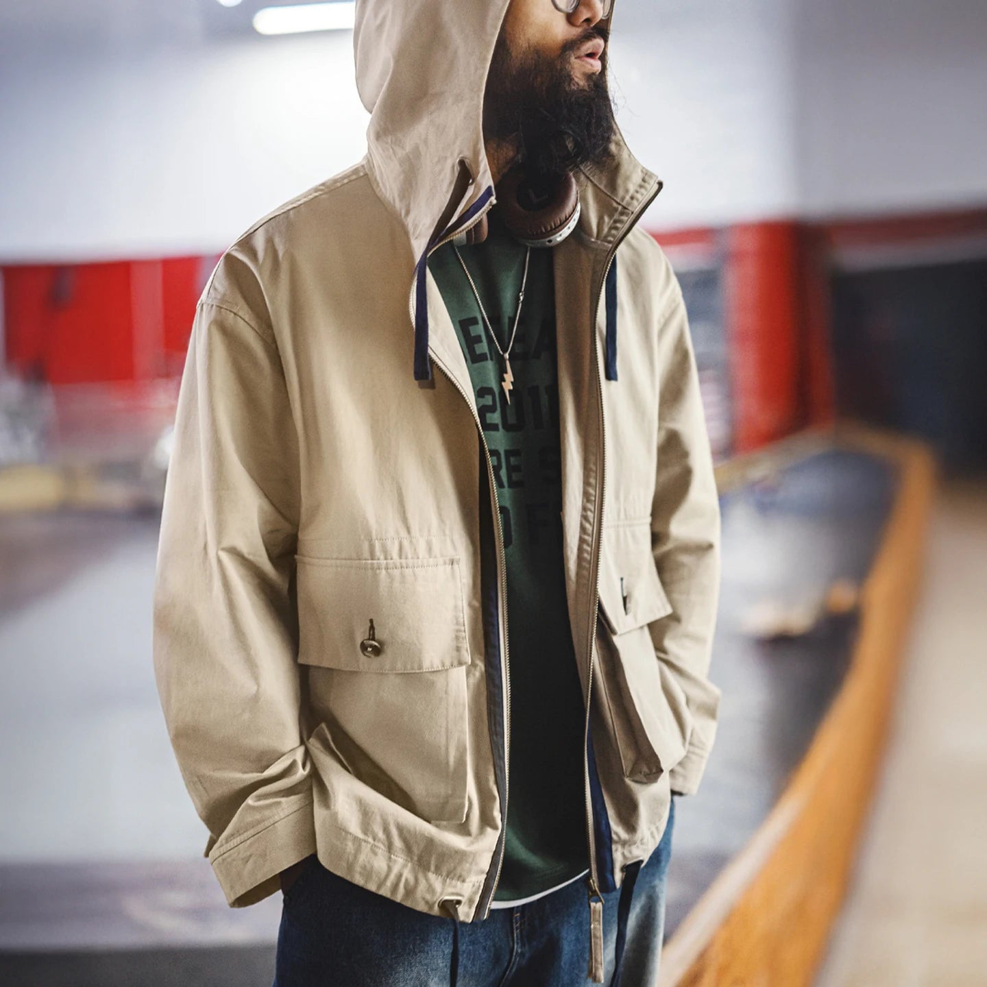 Maden Men's Vintage Canvas Jacket Khaki Cotton Hooded Zip-Up Multiple Pockets Outwear Casual Workwear Coat for Spring/Autumn