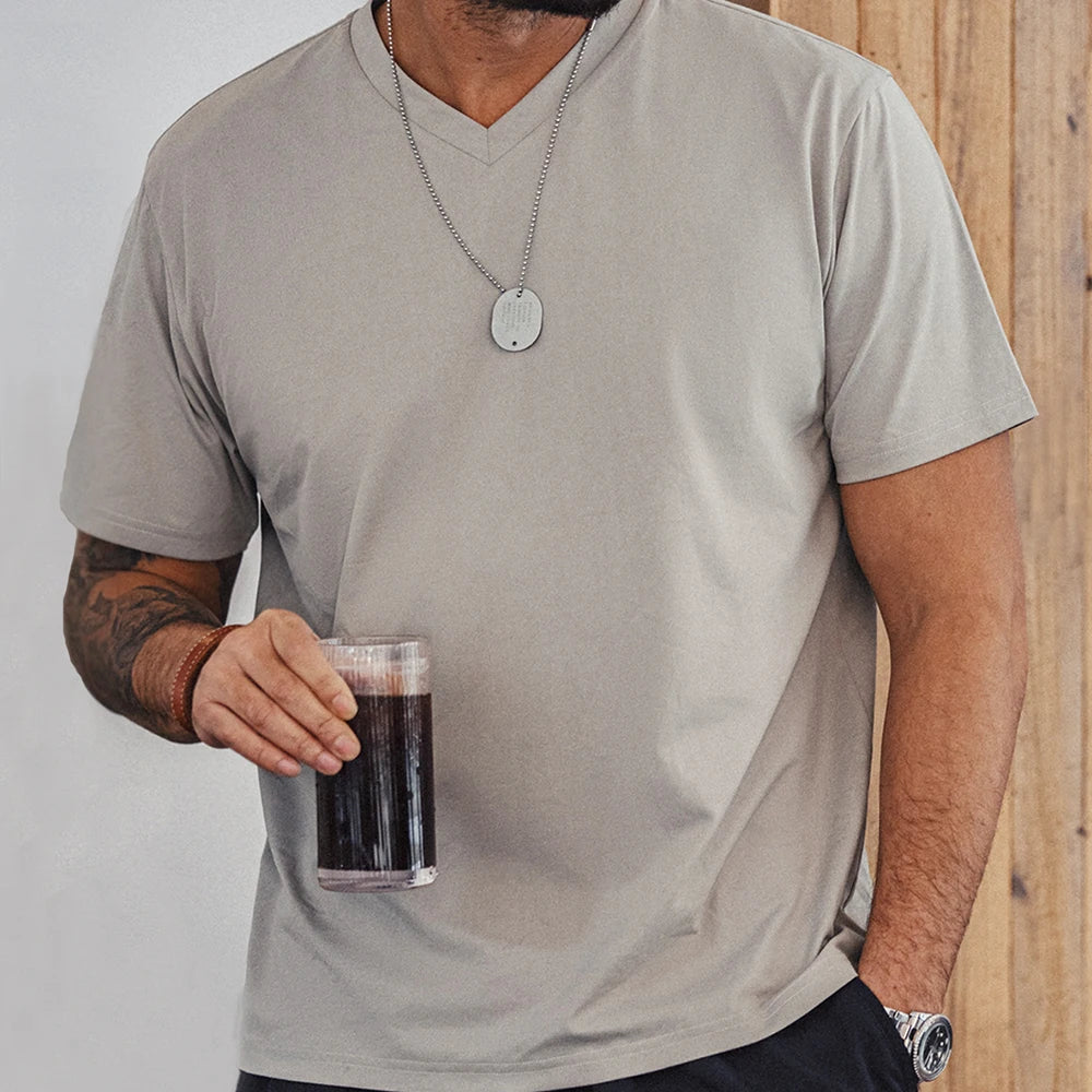 Maden Sorona Quick-drying Sweat-absorbent and Cool Short-sleeved T-shirt V-neck Solid Color Daily Versatile Top for Men's Summer