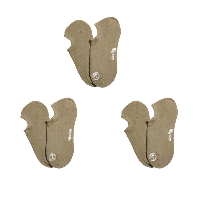 Maden Men’s 3 Pack Pair Summer Cotton Socks Boat Non-Slip Silicone Invisible Boat Socks Ankle Socks White Khaki Blue