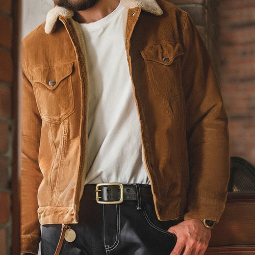 Maden Faux Lamb Wool Corduroy Jacket for Men Ginger Color Thickened Lapel Single-breasted Coat Fall and Winter Warm Jacket