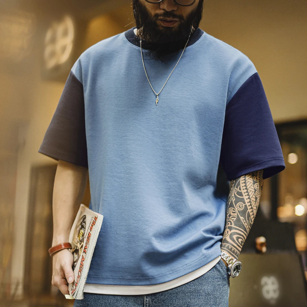 Maden Vintage Color-Block Short Sleeve T-Shirt Men's Summer Loose Fit Ribbed Crew Neck Tee Casual Street Tops for Daily Outfits