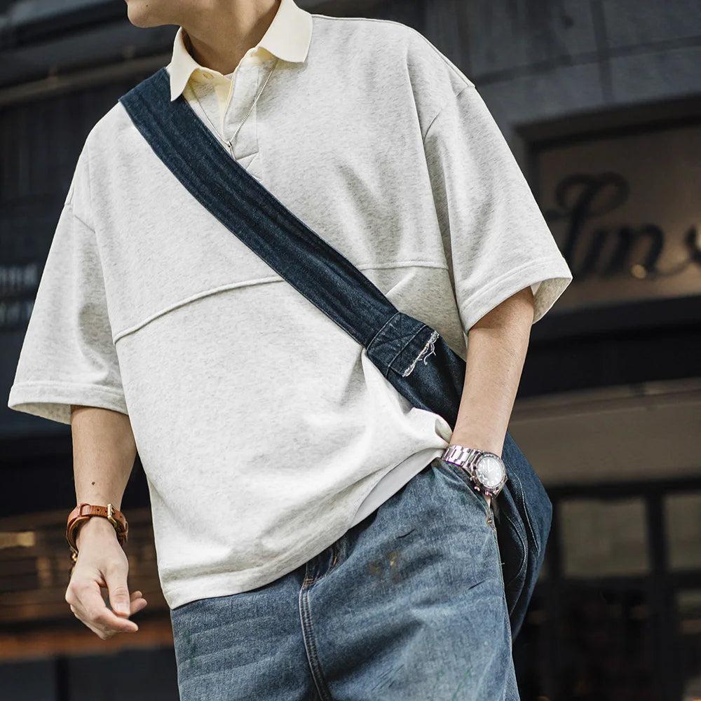 Maden Men's Knitted Short-sleeved T-shirt Heather Gray Color Polo Shirt Patchwork Pure Cotton Collar Summer Loose Fit Tee Tops