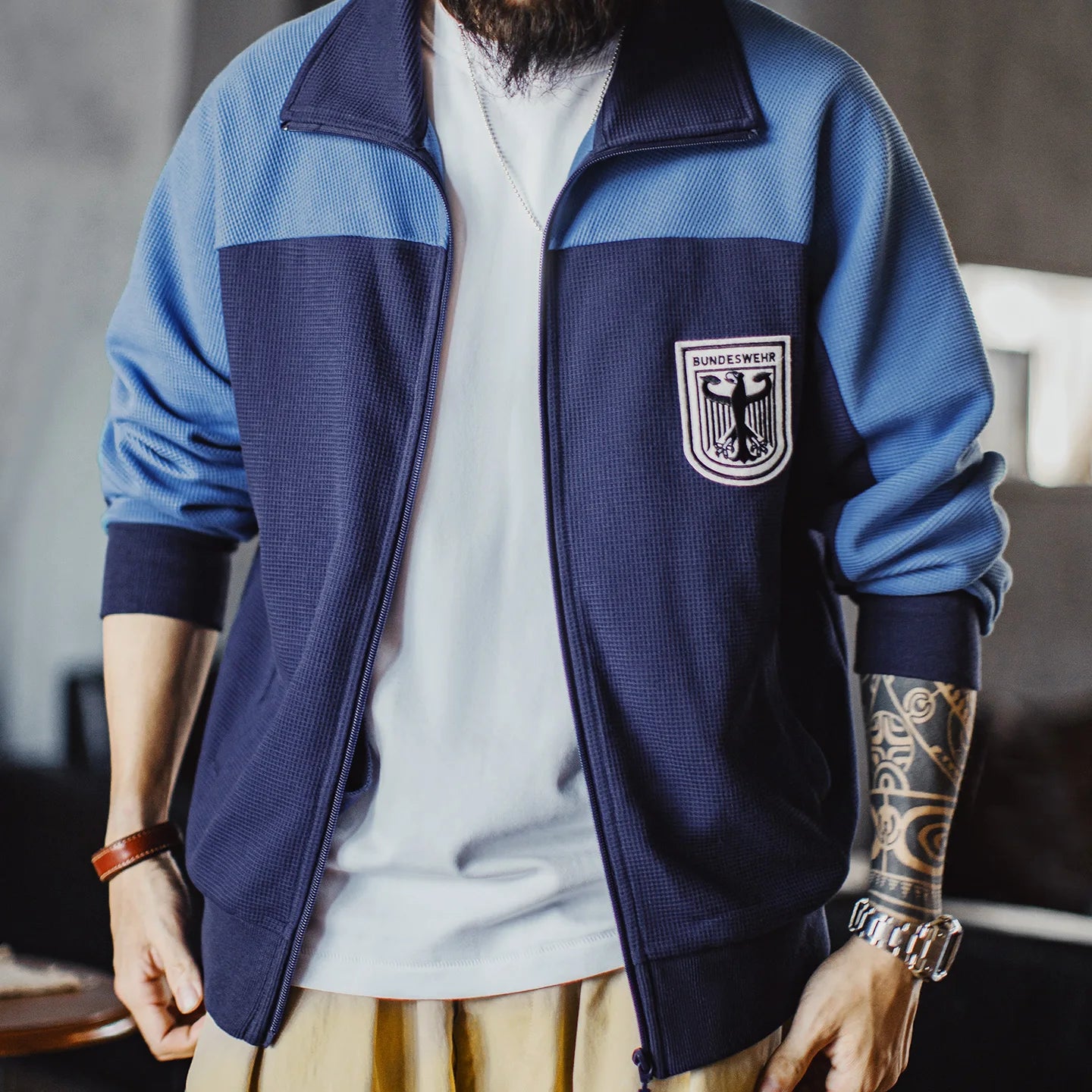 Maden Men's Vintage Contrast Navy Blue Jacket Waffle Knit Training Jacket Breathable Stand Collar Outwear for Spring Fall