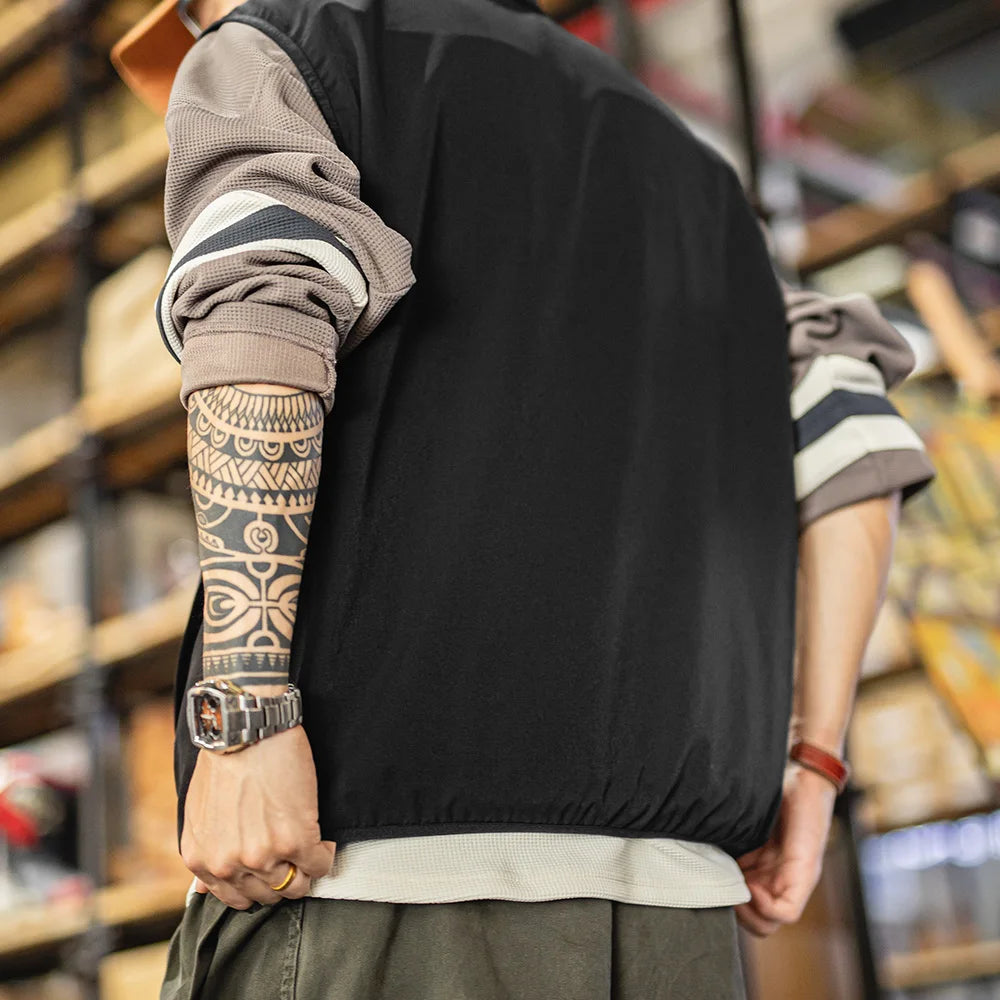 Maden Outdoor Men's Stand Collar Zip-Up Vest Lightweight Black Quick Dry Camping Fishing Waistcoat for Summer Sleeveless Jacket