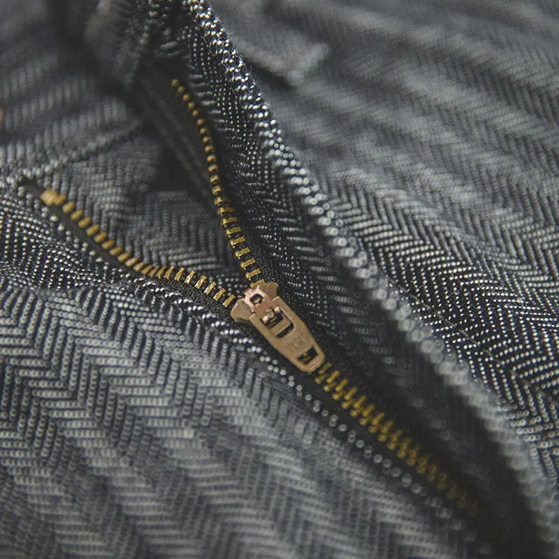 Maden Retro 12.8oz Grey Striped Jeans Straight Fit Zip Fly with Pockets Versatile Herringbone Trousers for Men's Spring and Fall