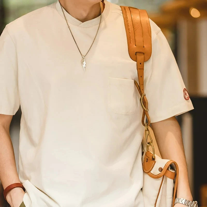 Maden Vintage Cotton Heavyweight Short Sleeve T-shirts for Men's Summer with Pocket Crew Neck Tees Loose Fit Basic Versatile Top