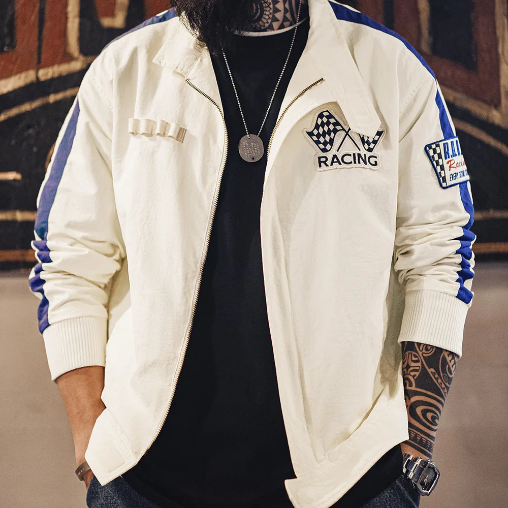 Maden Vintage Color Blocked Embroidered Racing Jacket Casual Baseball Collar Jacket Men's Spring Versatile Zip-up Outerwear