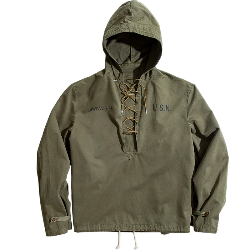 Maden Retro Green Deck Jacket Hooded Sweatshirt wtih Drawstring Collar Cuffs Adjustable Design Windbreaker Pullover for Men