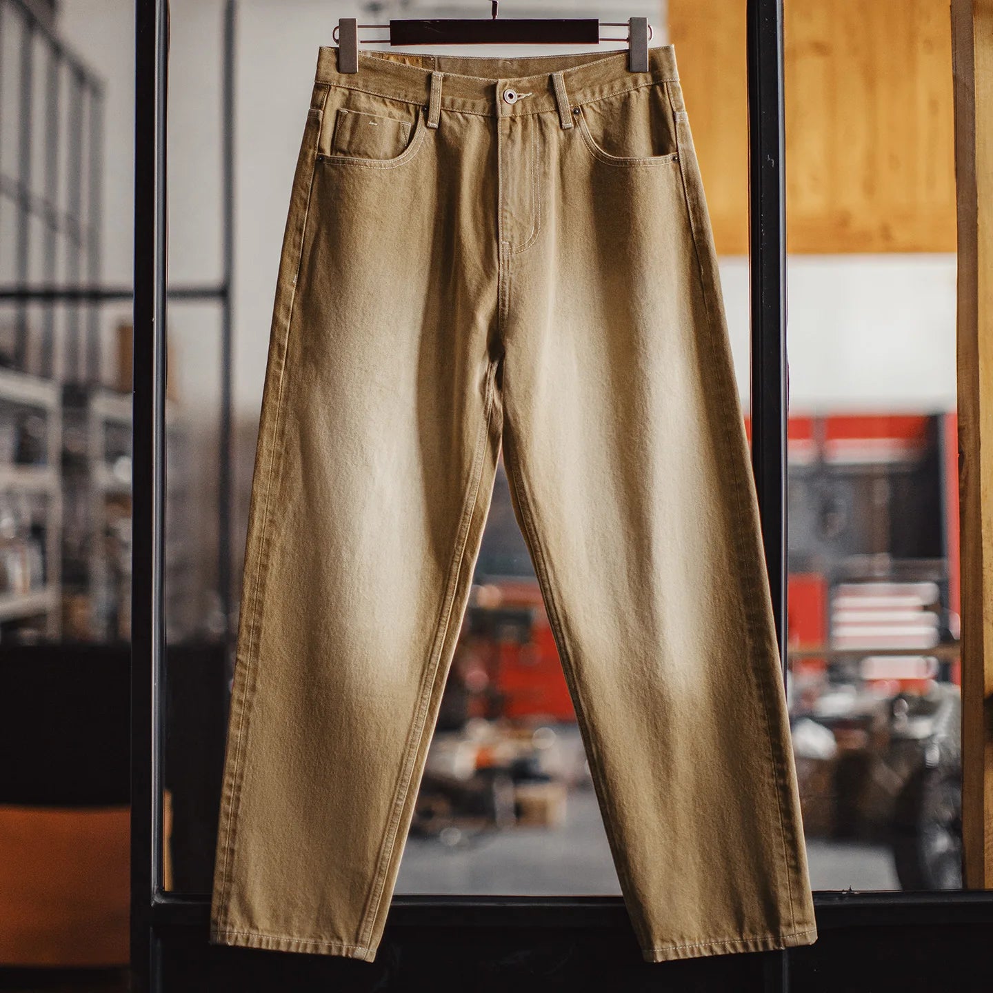 Maden Men‘s Vintage 13.8oz Washed Selvedge Denim Jeans Khaki Chino Tapered Loose Fit Pants Casual Trousers for Spring Autumn