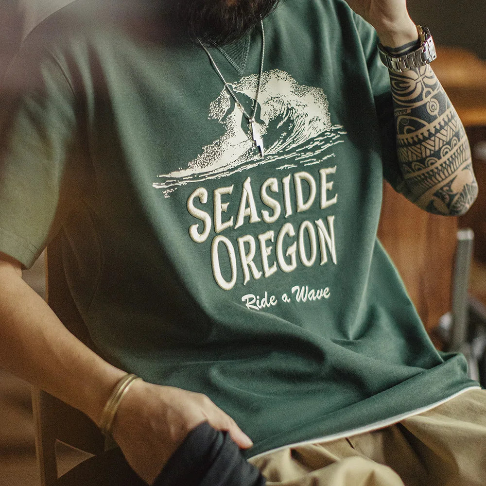 Maden Vintage Embroidered Letter Short Sleeve T-Shirt Men's Summer Green Digital Print Tee Ribbed Crew Neck Loose Casual Tops