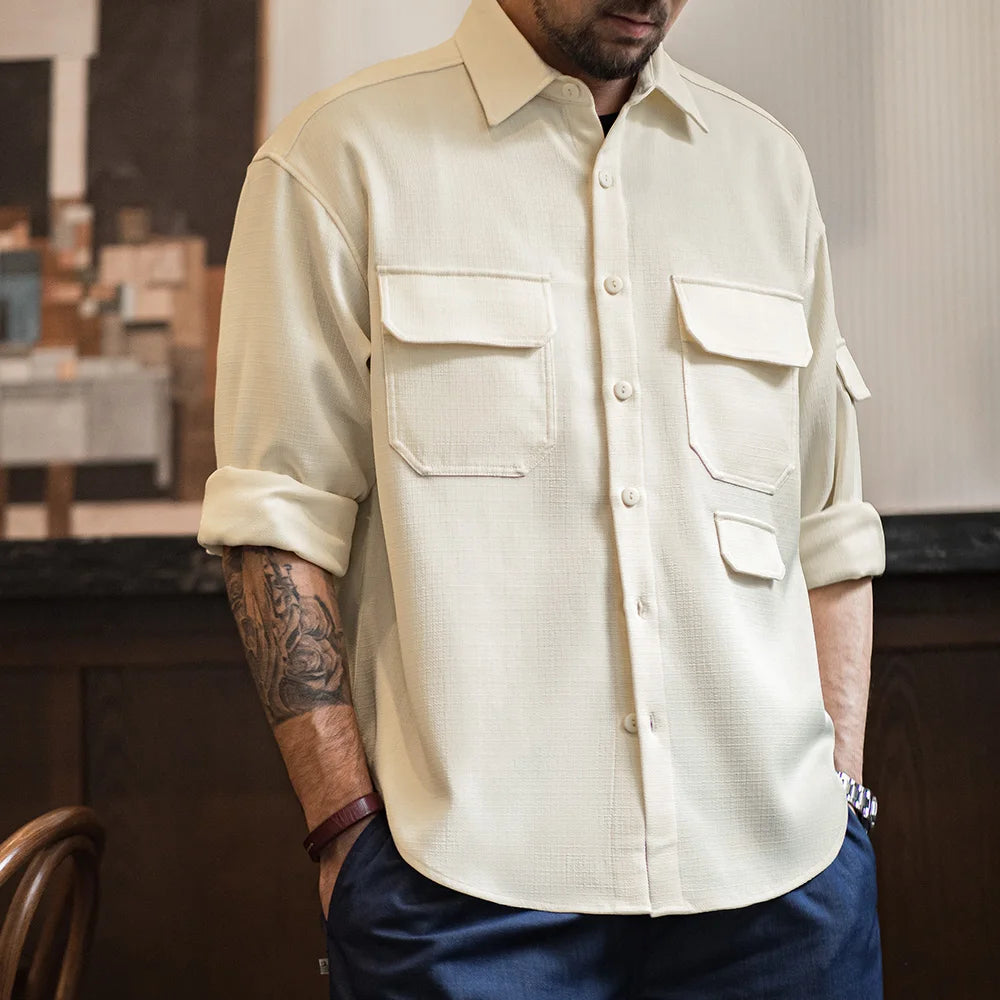 Maden New Casual Anti-wrinkle No-iron long-sleeved Shirts with Loose Lapel Pocket Shirt Jacket for Men's Spring and Autumn