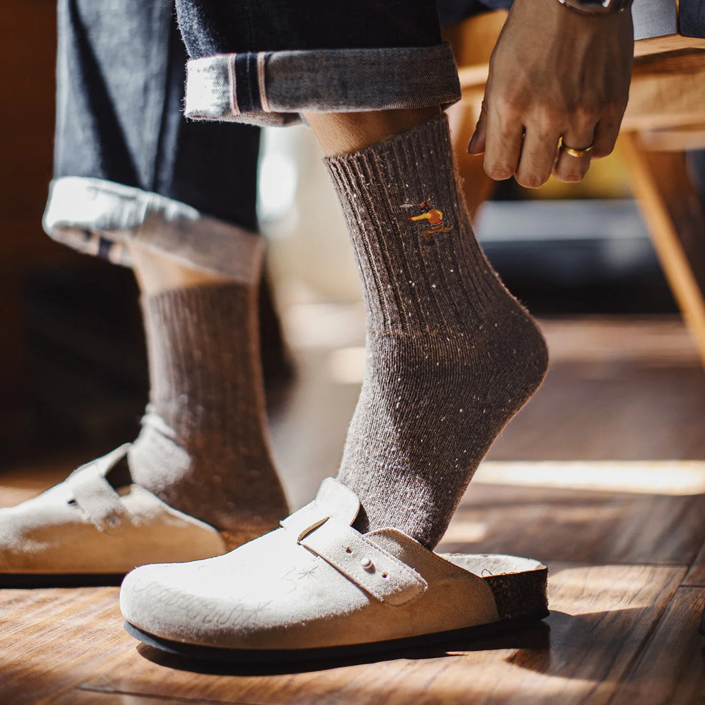 Maden 3Pairs Men‘s Wool Blend Mid-Calf Socks Heather Effect Vintage Embroidered Warm Socks Ribbed Knit Sock for Autumn Winter