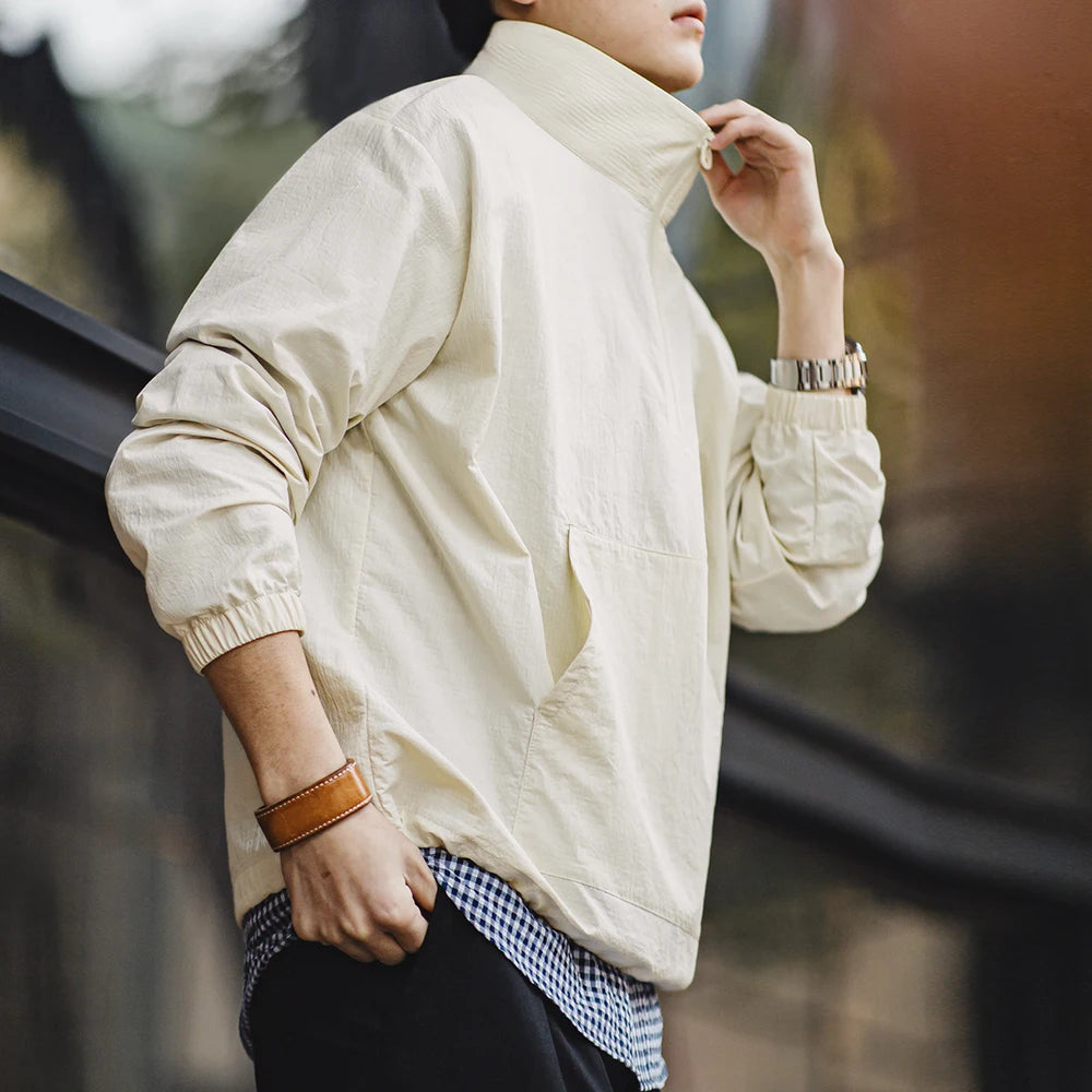 Maden Vintage Half-Zip Stand Collar Pullover Jacket Cityboy Outdoor Hoodie Men Spring Casual Sweatshirt Sporty Urban Streetwear