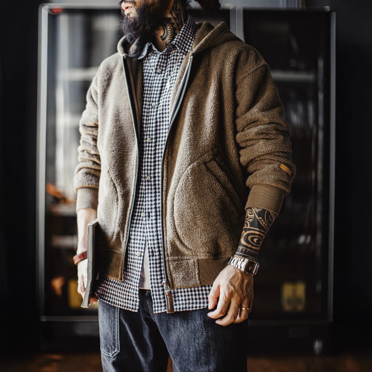 Maden Men’s Khaki Fleece Zip Hoodie Jacket Winter Thick Warm Plush Sherpa Lined Daily Casual Coat