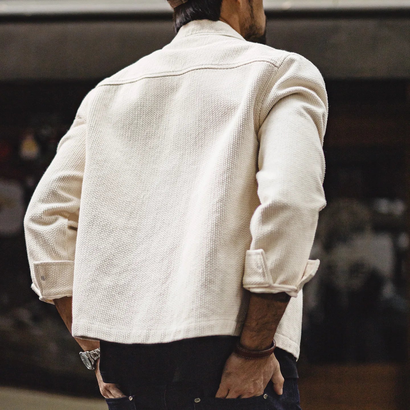 Maden Men's Vintage White Jacket Heavyweight Cotton Turn-Down Collar Zip-Up Short Outwear Canvas Fitted Fit Spring Autumn Coat