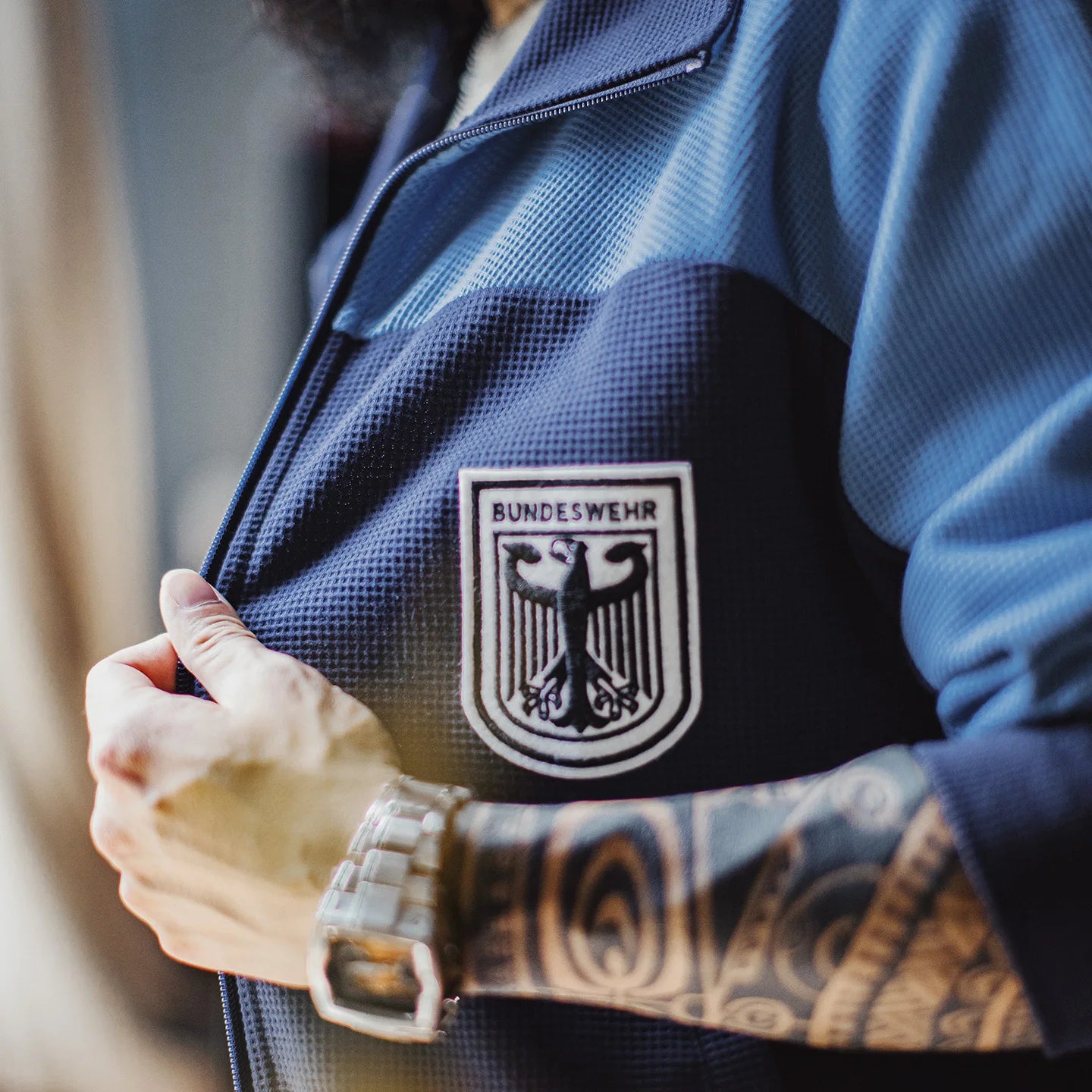 Maden Men's Vintage Contrast Navy Blue Jacket Waffle Knit Training Jacket Breathable Stand Collar Outwear for Spring Fall