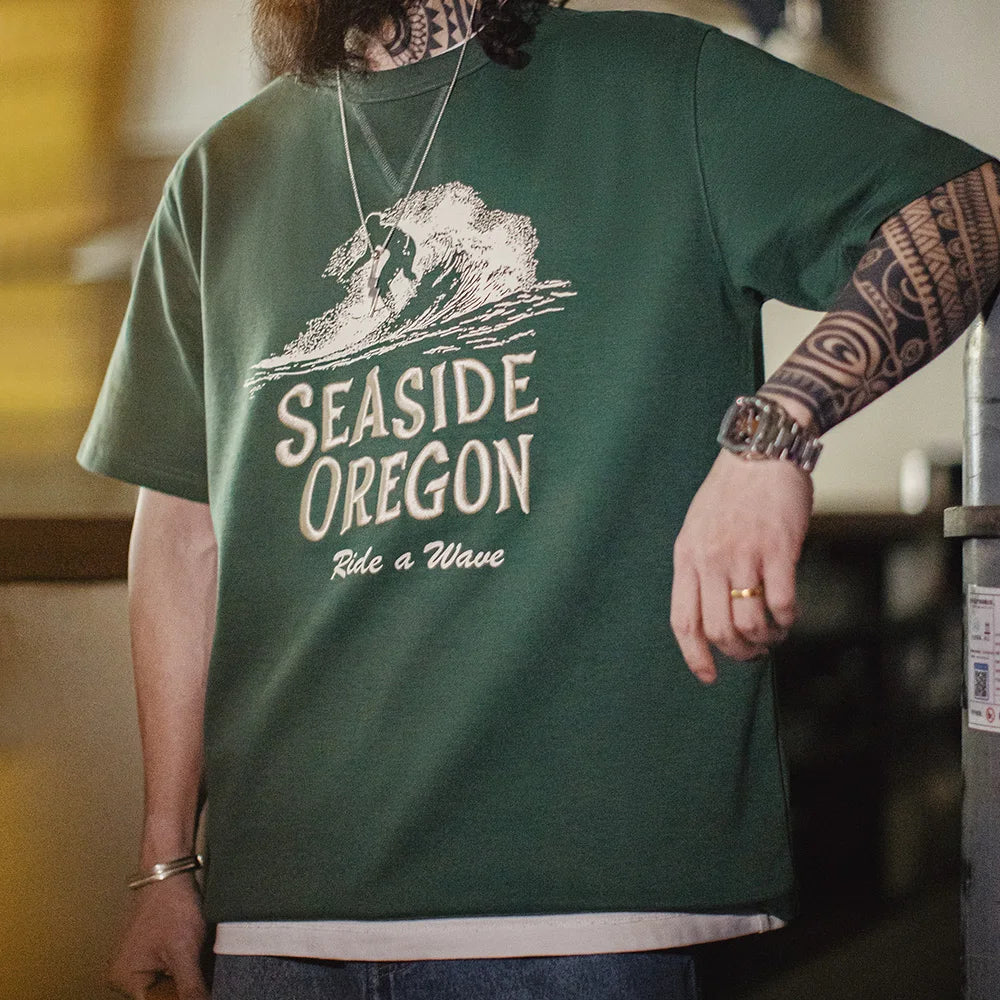 Maden Vintage Embroidered Letter Short Sleeve T-Shirt Men's Summer Green Digital Print Tee Ribbed Crew Neck Loose Casual Tops