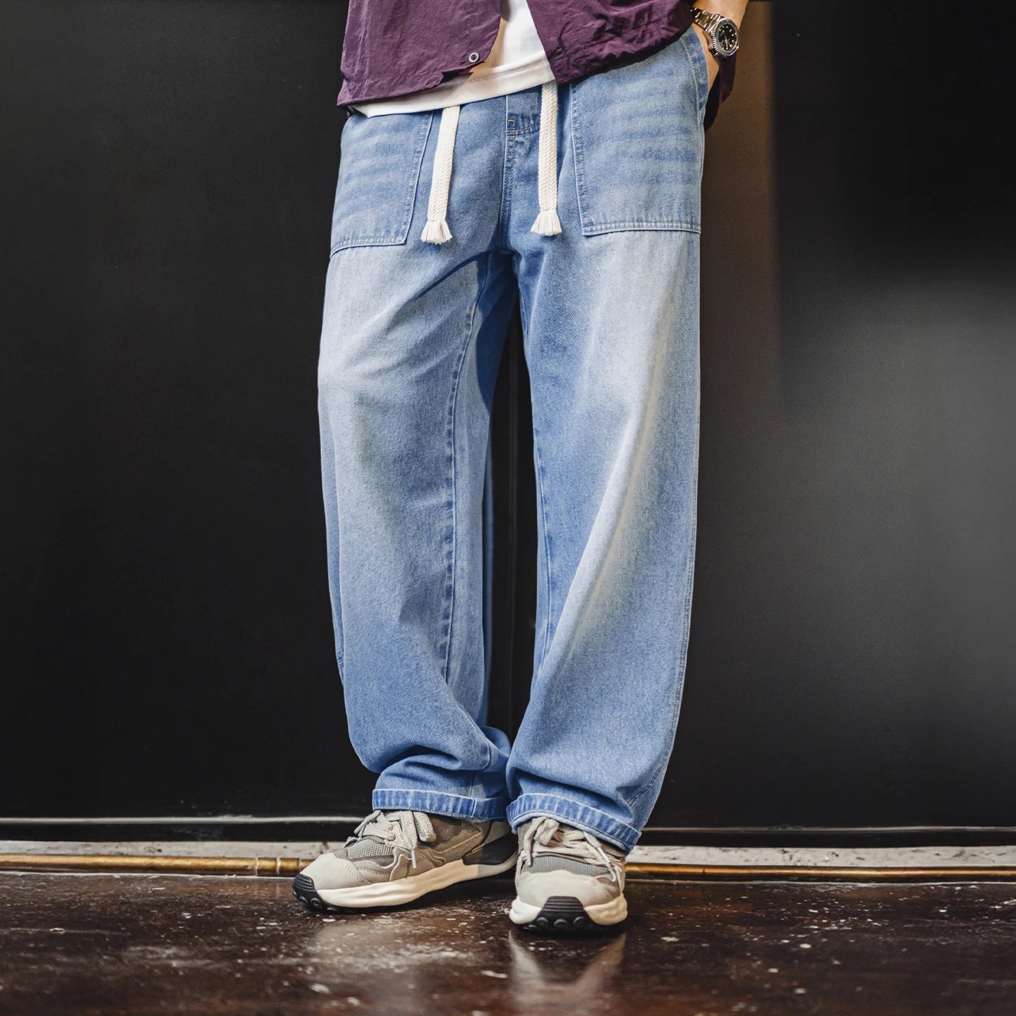 Maden Men's Vintage Baker Jeans Washed Denim Wide Leg Pants Drawstring Elastic Waist Loose Fit Casual Trousers for Spring Fall