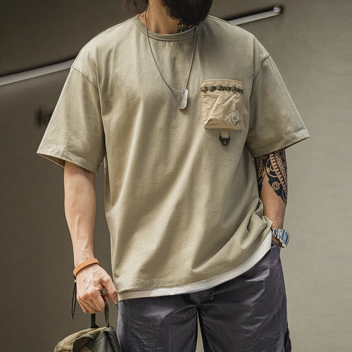 Maden Casual Outdoor Spliced Pocket Short Sleeve T-Shirt Men's Summer Loose Fit Breathable Round Neck Tee Comfortable Street Top