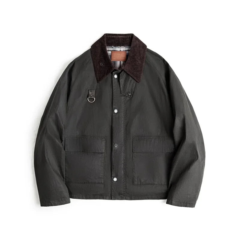 Maden Vintage Spey Waxed Fishing Jacket Distressed Outdoor Corduroy Collar with Pockets Coat for Men's Autumn Classic Overcaot