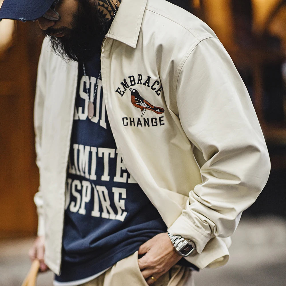 Maden New Vintage Embroidered Stadium Jacket Men's Spring Loose Fit Notch Lapel Zip-Up Outerwear Casual Cream Apricot Streetwear