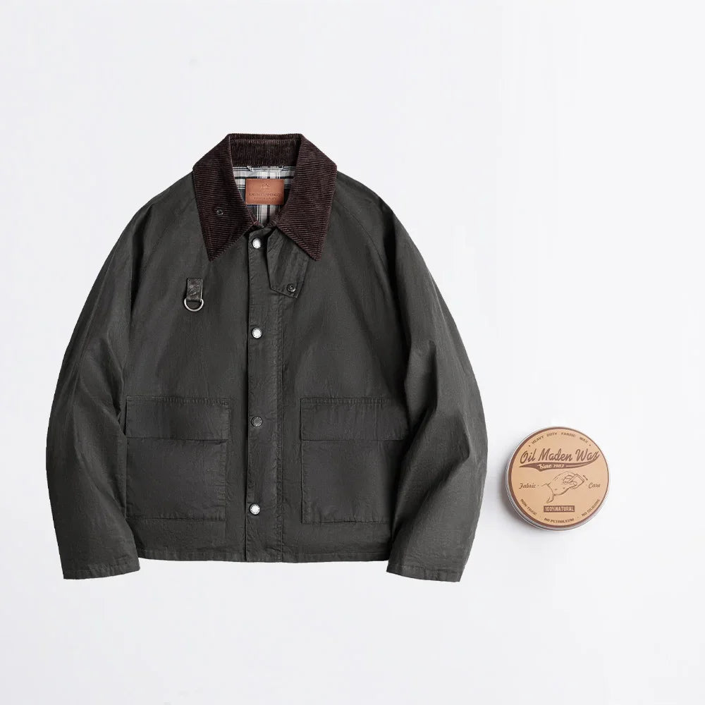 Maden Vintage Spey Waxed Fishing Jacket Distressed Outdoor Corduroy Collar with Pockets Coat for Men's Autumn Classic Overcaot