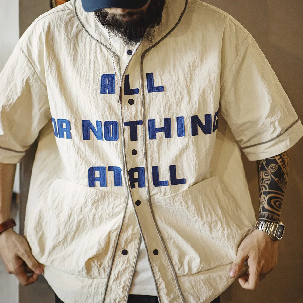 Maden Retro Wrinkled Baseball Collar Shirt Vibe Sports Letter Short-sleeved Cardigan Shirt for Men's Summer Tops