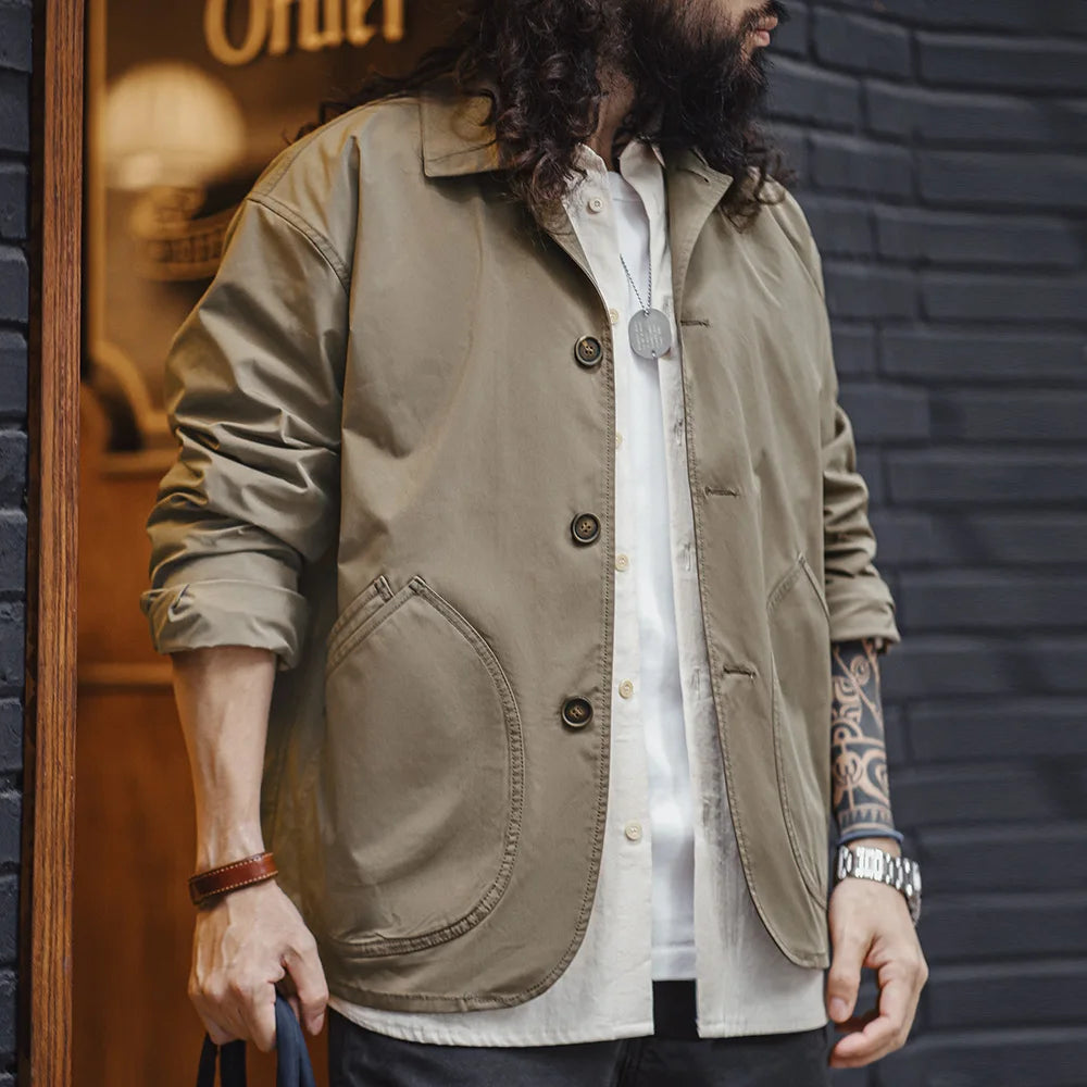 Maden French Vintage Work Jacket Men's Coffee Notch Lapel Casual Single Breasted Coat Slant Pockets Outwear for Spring and Fall