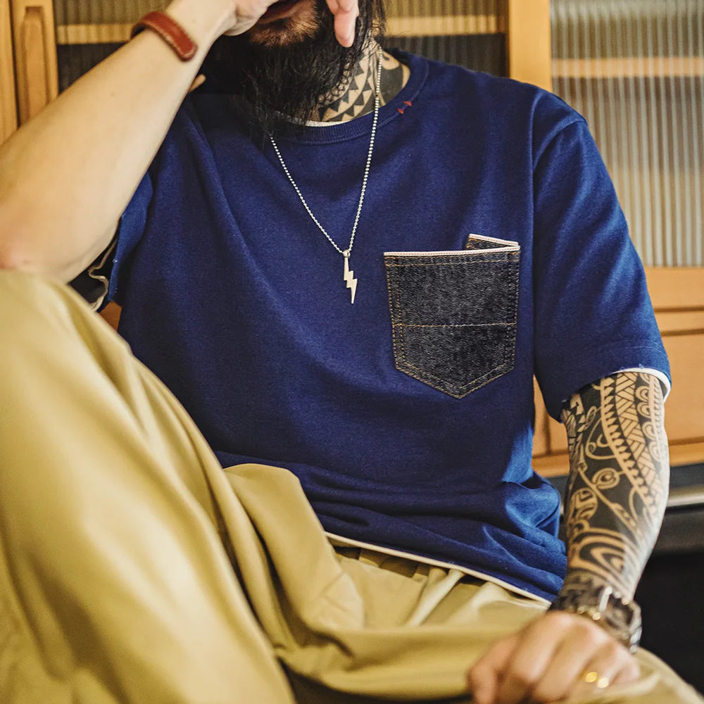 Maden Vintage Indigo Dyed Denim Pocket Patchwork T-Shirt Men's Heavyweight Cotton Short Sleeves Tee Breathable Crew Neck Tops