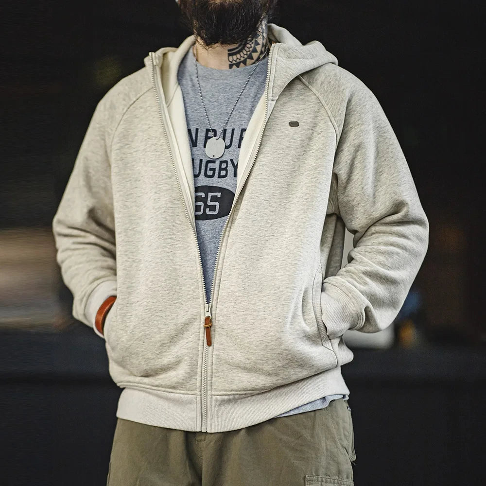 Maden Gray Hooded Sweatshirt for Men Polar Fleece Lining Thickened Warm Zippered Sports Cardigan Autumn and Winter Outer Jacket