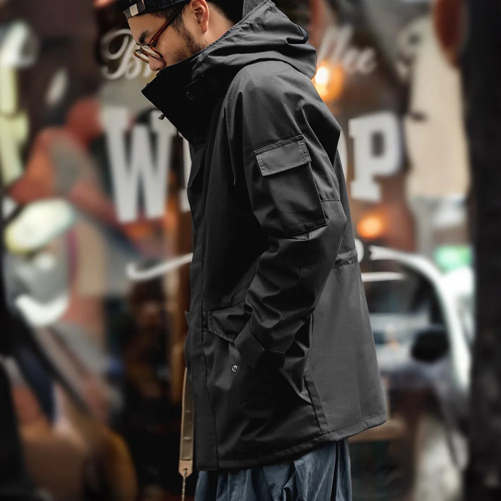 Maden Men Black Outdoor Sports Hooded Jacket Windbreaker Motorcycle Style Outwear Mid-length with Multi-pockets Coat for Autumn