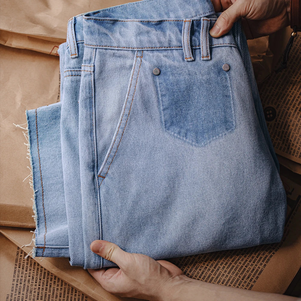 Maden Washed Light Blue Denim Jeans Cotton Raw Edge Straight Solid Casual Trousers for Men with Zipper Access Control Design