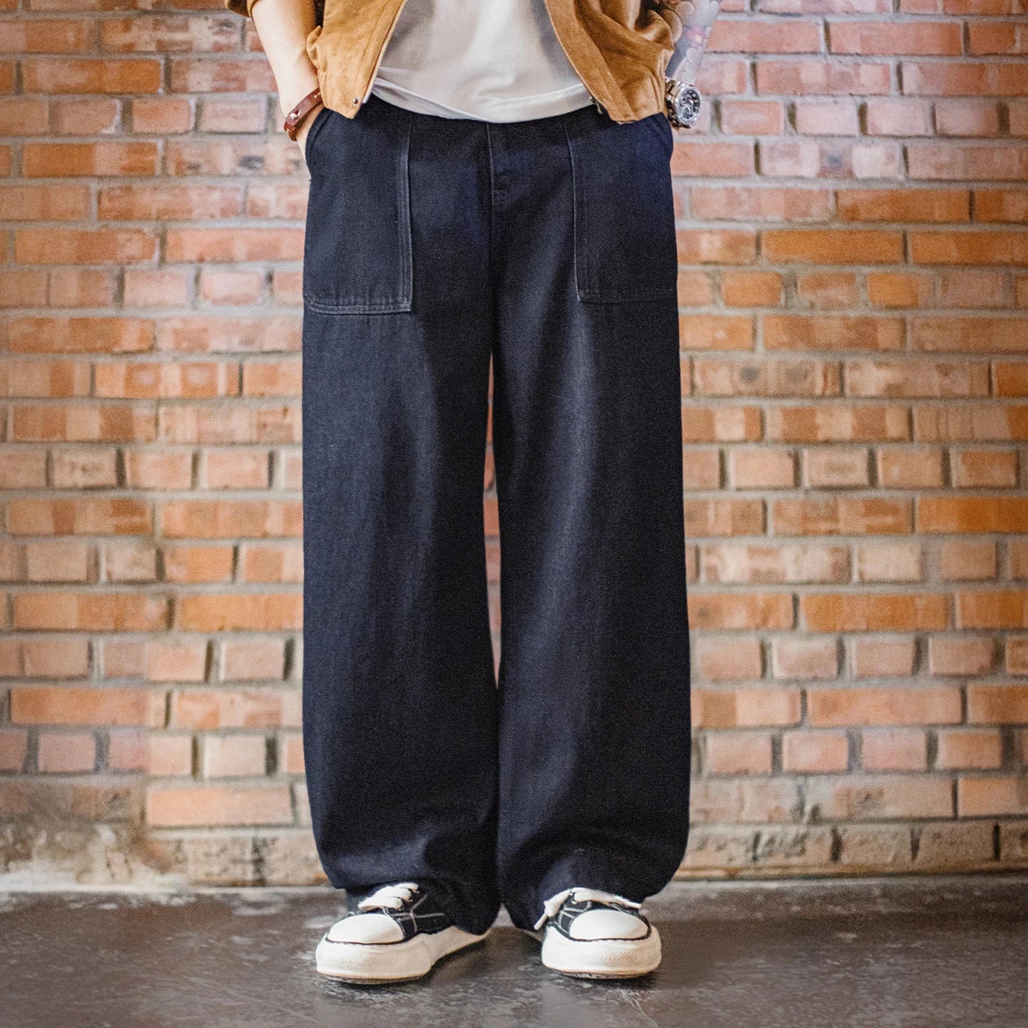 Maden Men‘s Vintage Boro Washed Denim Jeans Patchwork Wide Leg Blue Trousers loose Fit Casual Pants for Spring and Autumn