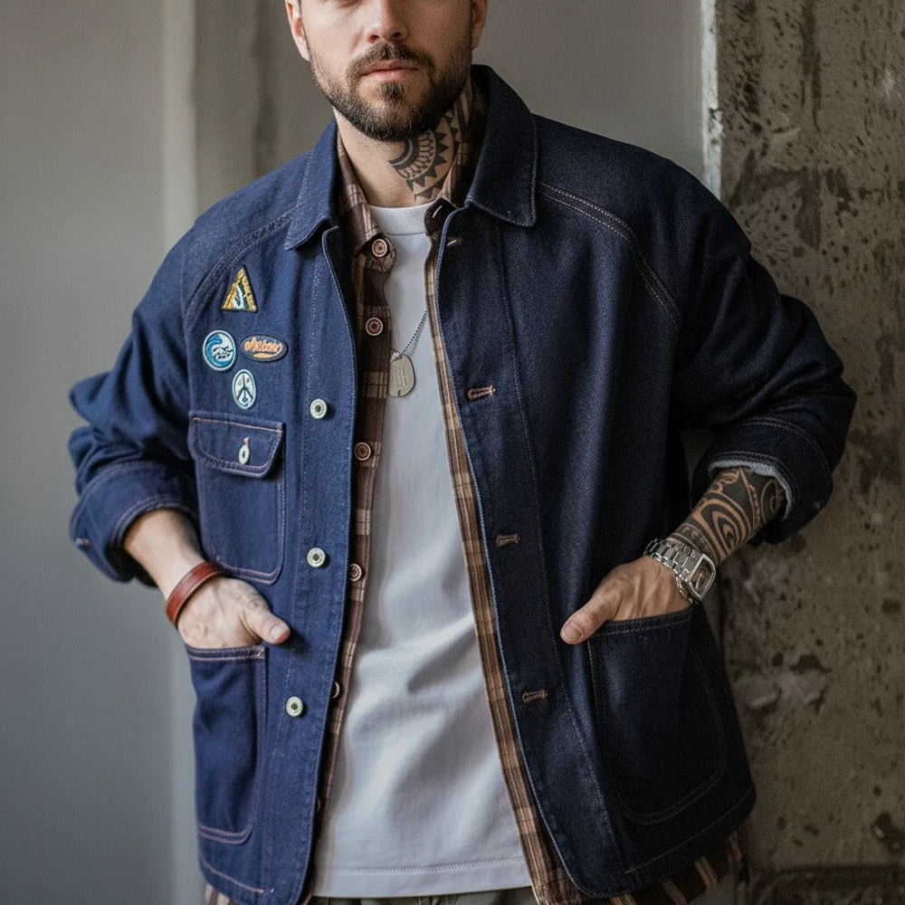 Maden Vintage Embroidered Badge 12.8oz Heavyweight Denim Jacket Washed Lapel Casual Outerwear for Men Spring and Fall Chore Coat
