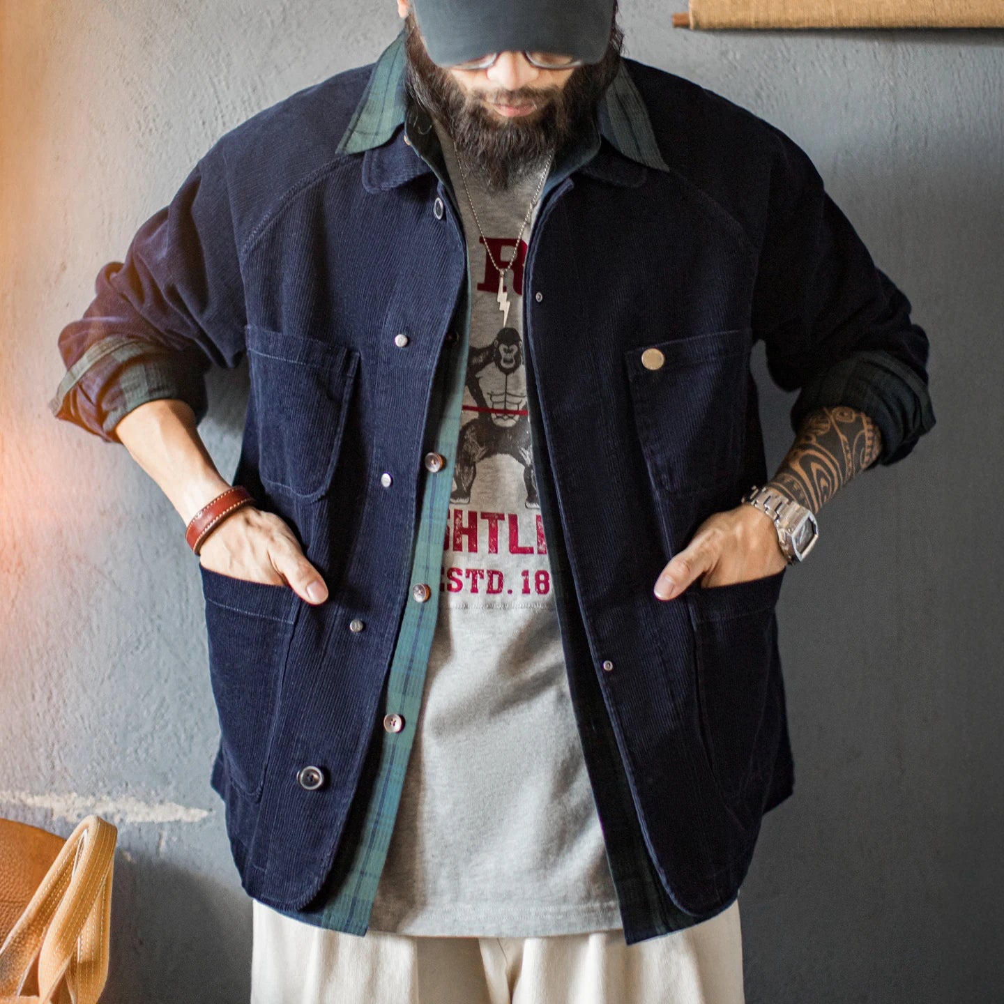 Maden Men's Vintage Corduroy Safari Jacket Navy Blue Lightweight Hunting Coat with 4 Pockets Single-Breasted Spring Fall Outwear