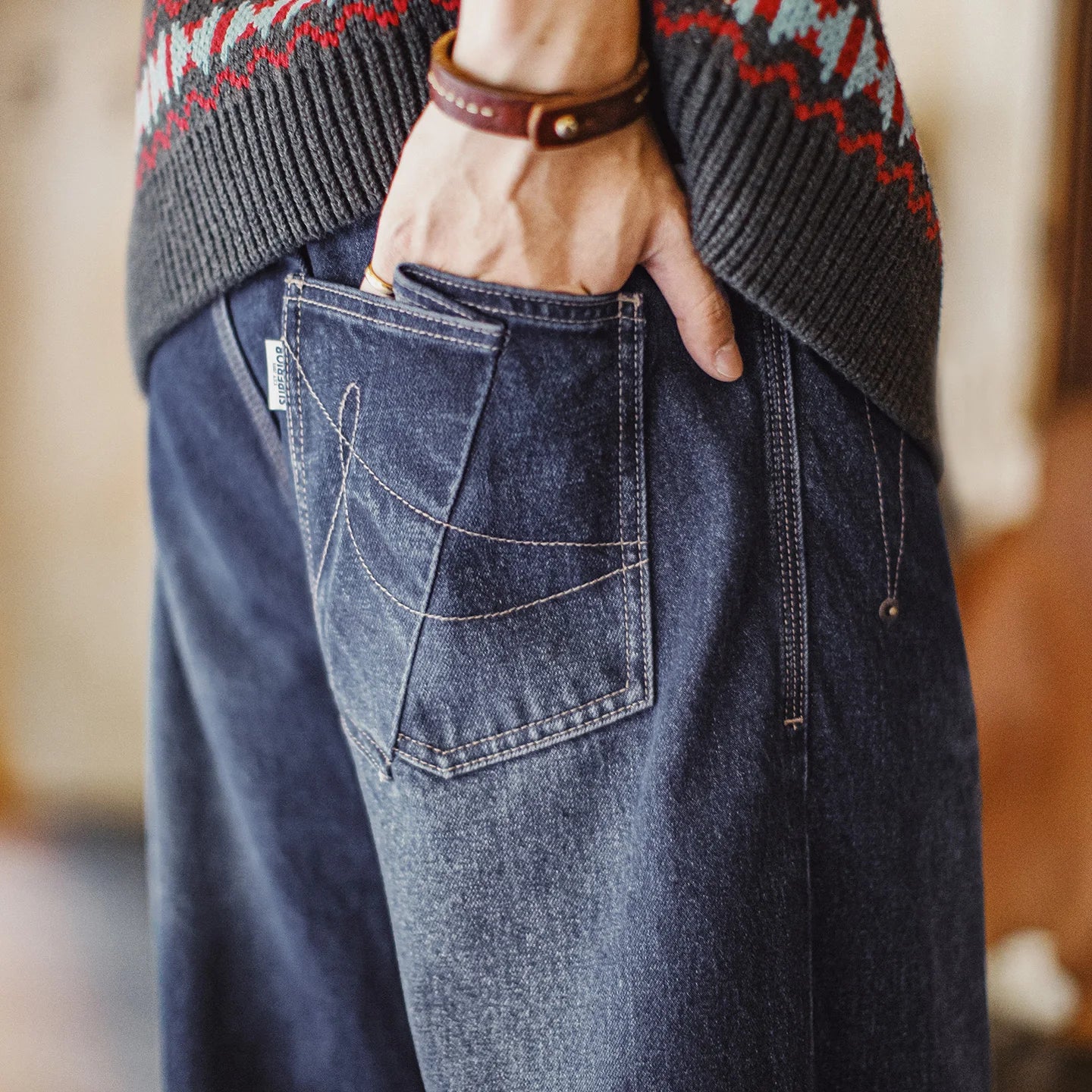 Maden Vintage Men's 13.9oz Baggy Jeans Washed Blue Wide-Leg Denim Pants Zip Fly Casual Trousers with Draped Hem for Fall Winter