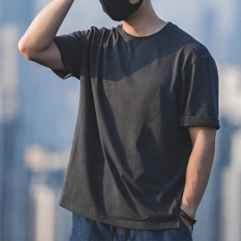 Maden Solid Color 100% Cotton Short Sleeve T-shirt for Men Ribbed O-Neck Casual Loose Fit Tees Summer Dark Gray Versatile Tops