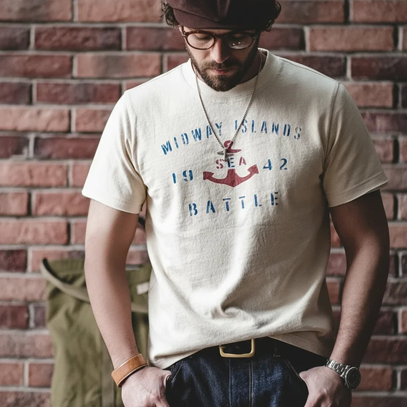 Maden Vintage Letter Print Cotton Short Sleeve T-Shirt Men's Summer Loose Fit Ribbed Crew Neck Tee Casual Street Tops for Daily