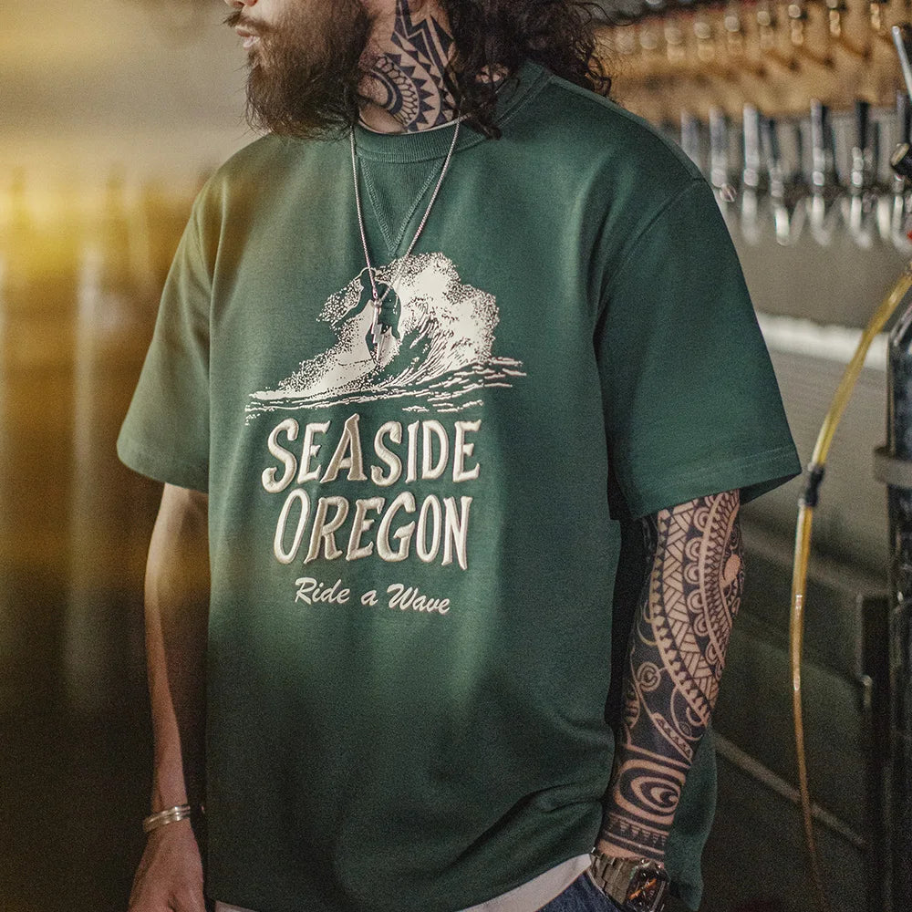 Maden Vintage Embroidered Letter Short Sleeve T-Shirt Men's Summer Green Digital Print Tee Ribbed Crew Neck Loose Casual Tops