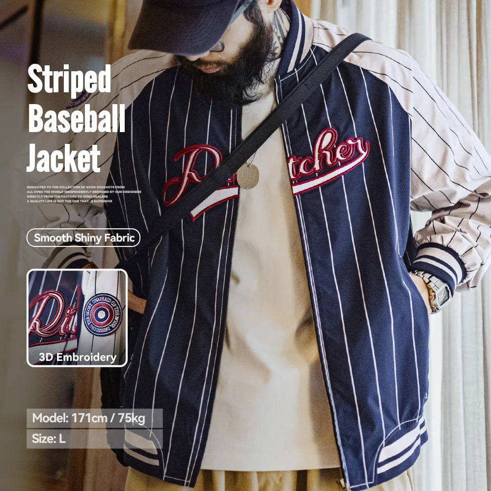 Maden Vintage Striped Baseball Jacket Letter Embroidery Badge Designs Jacket Color-blocking Casual Outerwear for Men's Spring