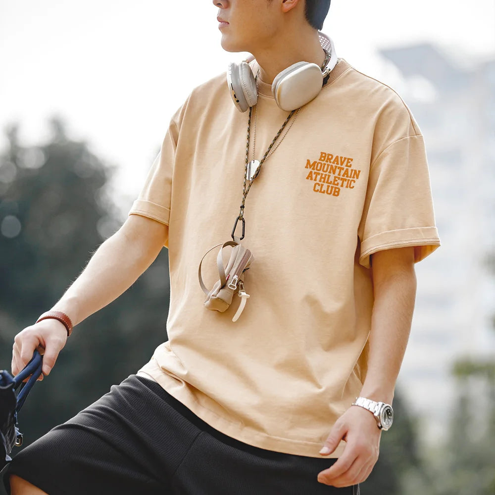 Maden Workwear Tee American Casual Macarone Short Sleeve T-shirt Flocking Letter Printing All Cotton Round Neck Top Men's Summer