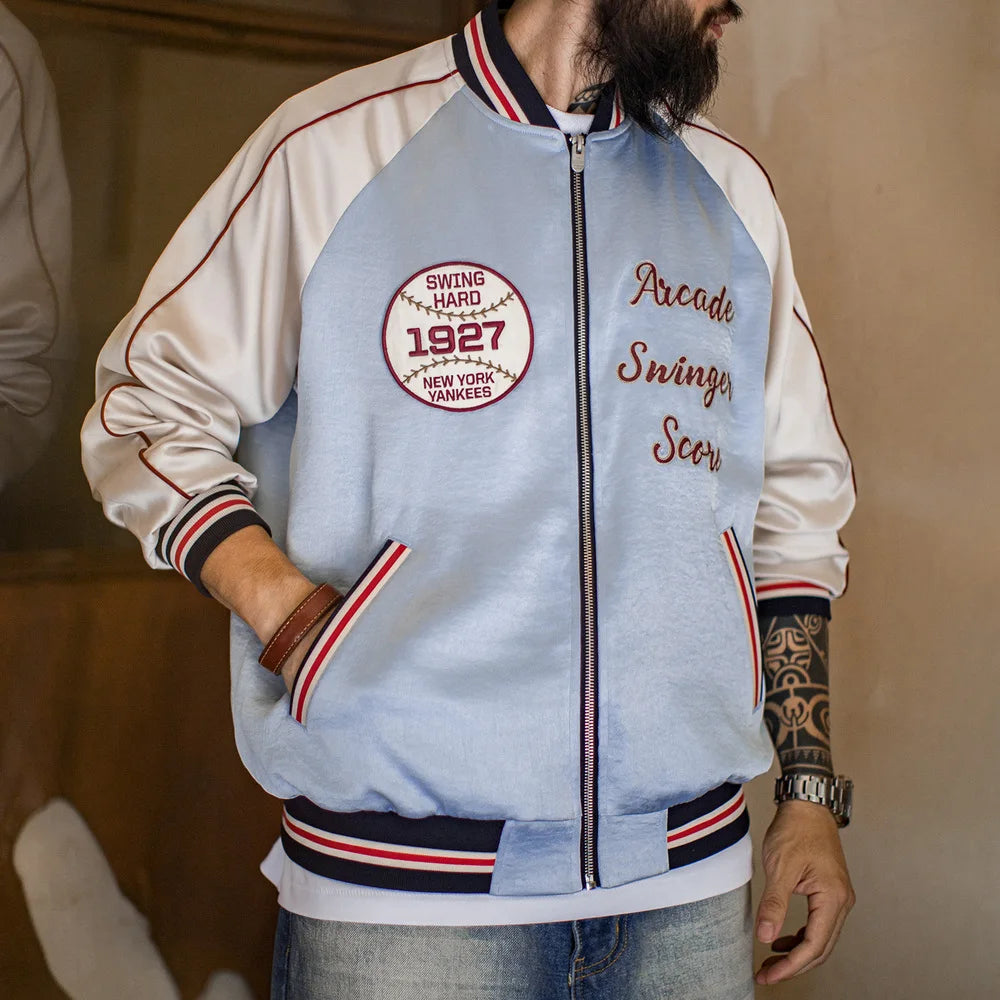 Maden Men Vintage Embroidered Souvenir Jacket Satin Contrast Baseball Bomber Outwear Short Zip-Up Casual Jacket for Spring Fall