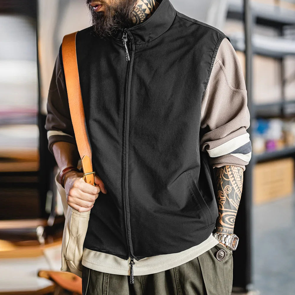 Maden Outdoor Men's Stand Collar Zip-Up Vest Lightweight Black Quick Dry Camping Fishing Waistcoat for Summer Sleeveless Jacket