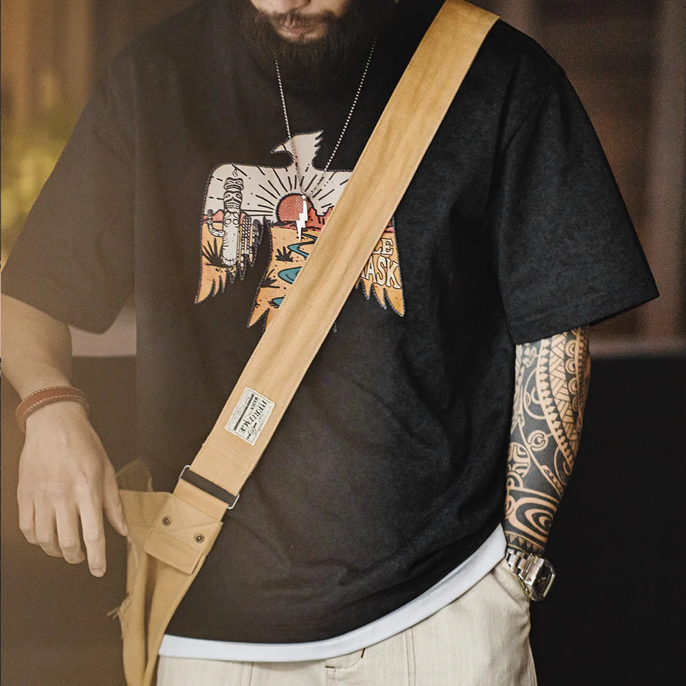 Maden Vintage Style Thunderbird Print T-Shirt Men's Summer Heavyweight Embroidered Short Sleeve Tee Navajo Crew Neck Street Tops