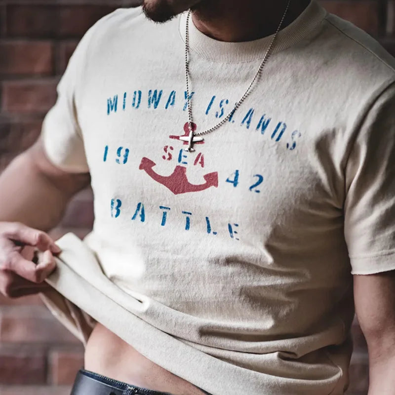 Maden Vintage Letter Print Cotton Short Sleeve T-Shirt Men's Summer Loose Fit Ribbed Crew Neck Tee Casual Street Tops for Daily