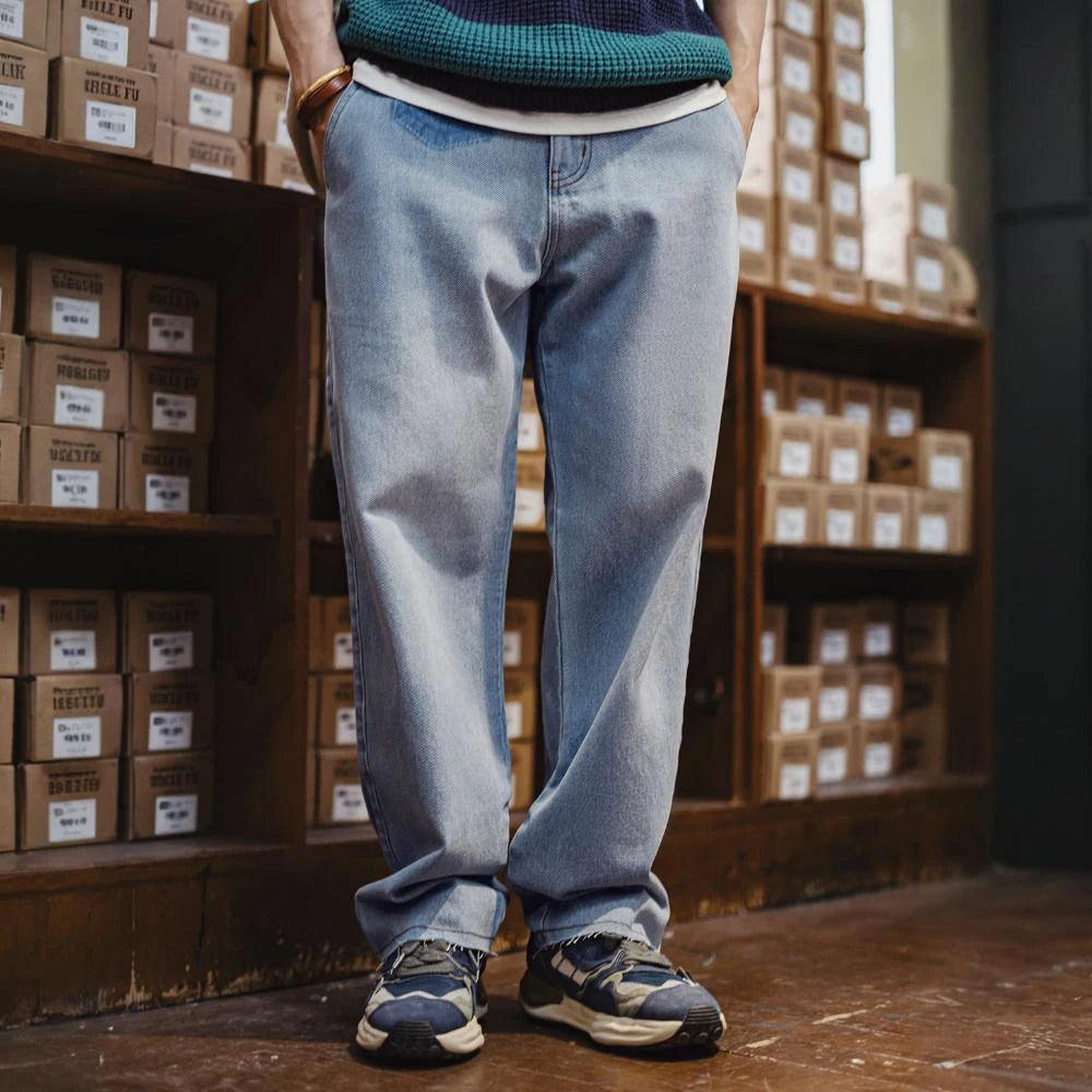 Maden Washed Light Blue Denim Jeans Cotton Raw Edge Straight Solid Casual Trousers for Men with Zipper Access Control Design