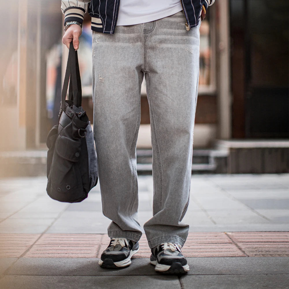 Maden Vintage Heavyweight Washed Gray Jeans Distressed Straight Leg Carpenter Pants Elastic Waist Casual Ripped Denim Trousers
