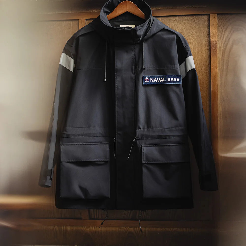 Maden Retro Mid-length Navy Parka Windbreaker Loose Fit Windproof Hooded Jacket Versatile Men's Outerwear for  Autumn and Winter