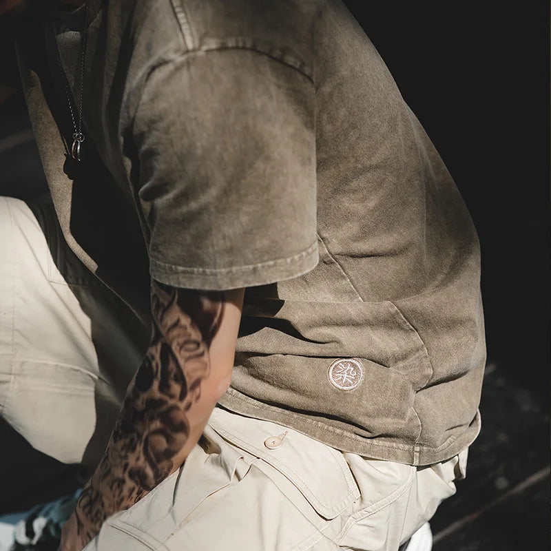 Maden Vintage Distressed Batik Short Sleeves T-Shirt Men's Summer Washed Cotton Loose Fit Crew Neck Tee Casual Embroidery Tops