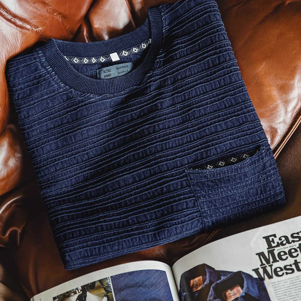 Maden Retro Indigo Knitted Jacquard Wave Pattern Textured T-shirt Loose Fit Solid Color Short-sleeved Tee for Men's Summer Tops